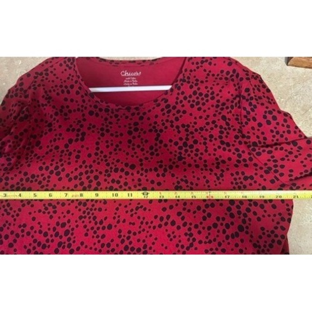Chicos Red Black Dot Print Long Sleeve Cotton Top Crew Neck Size 3 XL - Picture 6 of 8